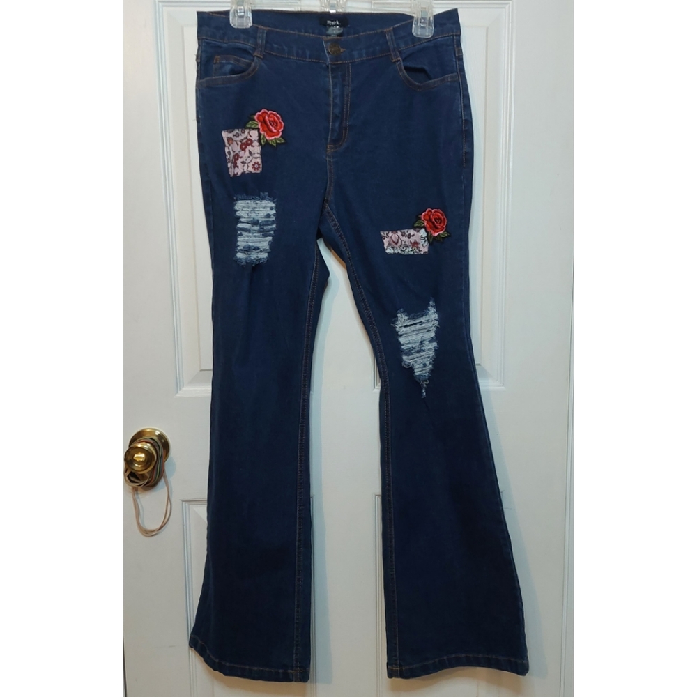 Mark. Haven Distressed Floral Embroidered Patch Dark Wash Denim Flare Jeans Sz 6